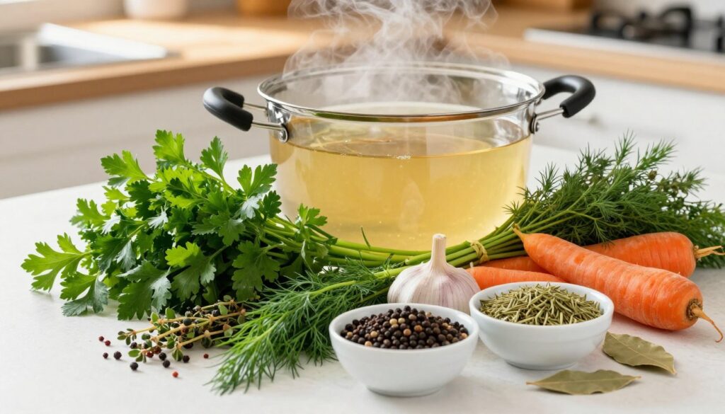 A beautifully arranged assortment of both fresh and dried herbs and spices commonly used for making chicken broth, prominently featuring ingredients like parsley, dill, thyme, garlic, carrots, and bay leaves. In the foreground, fresh herbs are artistically placed next to bowls of dried spices, such as black pepper and marjoram, showcasing their textures and colors. In the middle ground, a steaming pot of golden broth simmers gently, with a bright and inviting kitchen ambiance surrounding it. The background features a softly lit countertop, enhancing the warmth of the kitchen scene. The lighting is natural, casting gentle shadows, and the overall mood conveys a sense of homely comfort and culinary creativity. The scene is captured with a slightly elevated angle to include depth and detail. A beautifully arranged assortment of both fresh and dried herbs and spices commonly used for making chicken broth, prominently featuring ingredients like parsley, dill, thyme, garlic, carrots, and bay leaves. In the foreground, fresh herbs are artistically placed next to bowls of dried spices, such as black pepper and marjoram, showcasing their textures and colors. In the middle ground, a steaming pot of golden broth simmers gently, with a bright and inviting kitchen ambiance surrounding it. The background features a softly lit countertop, enhancing the warmth of the kitchen scene. The lighting is natural, casting gentle shadows, and the overall mood conveys a sense of homely comfort and culinary creativity. The scene is captured with a slightly elevated angle to include depth and detail.