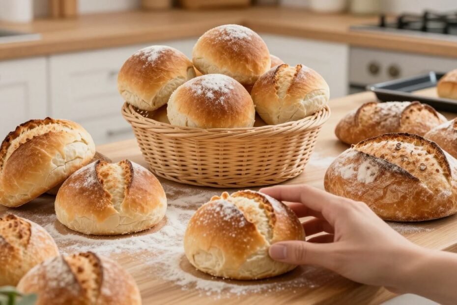 A beautifully arranged assortment of fresh bakery rolls, including golden-brown buns, crusty white bread, and rustic whole grain, artfully displayed on a wooden countertop. The foreground features a close-up of a hand gently touching a soft bun, showing its texture. In the middle, there is a centerpiece of a bread basket filled with rolls, with flour dusted around it to enhance the bakery feel. The background includes a softly lit kitchen atmosphere, with a hint of herbs and a baking tray. Warm, inviting lighting creates a cozy ambiance, suggesting the comfort of home baking. The overall mood should be appetizing and cheerful, encapsulating the charm of fresh bread ready for refreshing.