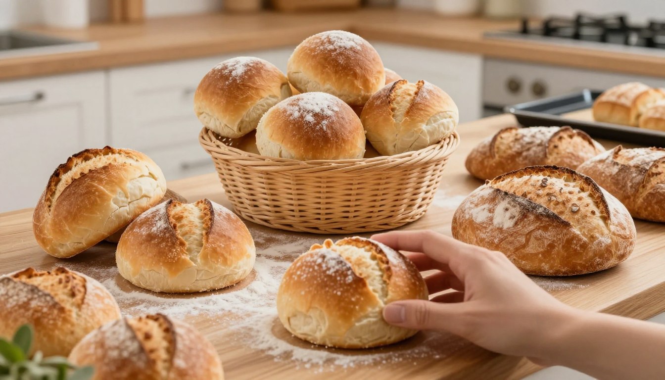 A beautifully arranged assortment of fresh bakery rolls, including golden-brown buns, crusty white bread, and rustic whole grain, artfully displayed on a wooden countertop. The foreground features a close-up of a hand gently touching a soft bun, showing its texture. In the middle, there is a centerpiece of a bread basket filled with rolls, with flour dusted around it to enhance the bakery feel. The background includes a softly lit kitchen atmosphere, with a hint of herbs and a baking tray. Warm, inviting lighting creates a cozy ambiance, suggesting the comfort of home baking. The overall mood should be appetizing and cheerful, encapsulating the charm of fresh bread ready for refreshing.