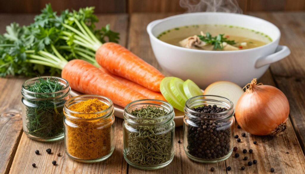A beautifully arranged assortment of traditional Polish spices used for making rosół, elegantly displayed on a rustic wooden table. In the foreground, focus on vibrant, colorful spices like dried dill, parsley, and black peppercorns in small glass jars. In the middle, include fresh vegetables like carrots, celery, and onions, artfully sliced. In the background, a soft-focus image of a steaming bowl of clear chicken broth, garnished with herbs, suggests warmth and comfort. The lighting is warm and inviting, casting gentle shadows that enhance the textures of the spices and vegetables. The mood is cozy and nostalgic, capturing the essence of homemade Polish cuisine. The scene is meant to evoke a sense of tradition and the rich, classic flavors of rosół. A beautifully arranged assortment of traditional Polish spices used for making rosół, elegantly displayed on a rustic wooden table. In the foreground, focus on vibrant, colorful spices like dried dill, parsley, and black peppercorns in small glass jars. In the middle, include fresh vegetables like carrots, celery, and onions, artfully sliced. In the background, a soft-focus image of a steaming bowl of clear chicken broth, garnished with herbs, suggests warmth and comfort. The lighting is warm and inviting, casting gentle shadows that enhance the textures of the spices and vegetables. The mood is cozy and nostalgic, capturing the essence of homemade Polish cuisine. The scene is meant to evoke a sense of tradition and the rich, classic flavors of rosół.