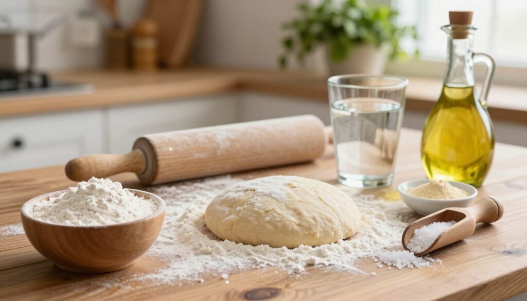 A beautifully arranged collection of pizza dough ingredients on a rustic wooden table. In the foreground, a bowl of white flour, a glass of clear water, a small dish of fresh yeast, sea salt in a wooden scoop, and a bottle of olive oil glistening under warm, soft lighting. In the middle ground, a rolling pin and a dusting of flour scattered across the surface, with a subtle sparkle to depict freshness. The background features blurred kitchen utensils and a wooden shelf with fresh herbs, creating a cozy, inviting atmosphere. The scene captures a sense of preparation and anticipation, illustrating the essential components to create perfect pizza dough. The lighting is soft and natural, evoking a warm, homely feel. A beautifully arranged collection of pizza dough ingredients on a rustic wooden table. In the foreground, a bowl of white flour, a glass of clear water, a small dish of fresh yeast, sea salt in a wooden scoop, and a bottle of olive oil glistening under warm, soft lighting. In the middle ground, a rolling pin and a dusting of flour scattered across the surface, with a subtle sparkle to depict freshness. The background features blurred kitchen utensils and a wooden shelf with fresh herbs, creating a cozy, inviting atmosphere. The scene captures a sense of preparation and anticipation, illustrating the essential components to create perfect pizza dough. The lighting is soft and natural, evoking a warm, homely feel.