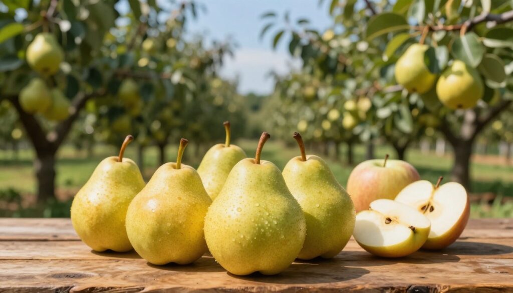 A beautifully arranged display of ripe pears in the foreground, showcasing their smooth yellow and green skin glistening under soft, natural lighting. The pears are placed artistically on a rustic wooden table, with a small bowl of freshly sliced apples beside them, emphasizing the sweet duet between the two fruits. In the middle ground, a serene orchard can be seen, with lush green trees, some bearing pear fruits, under a clear blue sky. Dappled sunlight filters through the leaves, creating a warm and inviting atmosphere. The composition should be captured with a shallow depth of field to keep the focus on the fruits while softly blurring the orchard background, giving a sense of tranquility and seasonal abundance. The overall mood is warm and inviting, evoking a sense of harmony in nature.