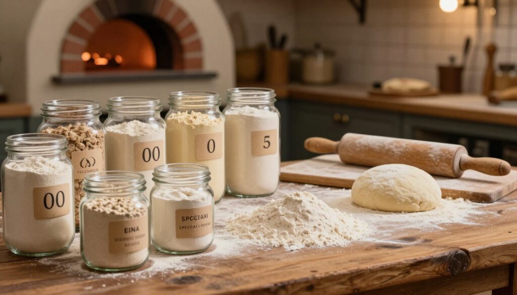 A beautifully arranged display of various types of Italian pizza flour, such as "00," "0," and specialty flours, presented on a rustic wooden table. In the foreground, there are small glass jars filled with the different flours, each labeled clearly. The middle ground features a rolling pin and a well-used dough board with a ball of freshly kneaded dough resting beside it. In the background, a softly lit kitchen scene with a brick oven can be seen, with warm, inviting light illuminating the textures of the flours. The atmosphere is cozy and artisanal, evoking a sense of traditional Italian cooking. The angle should capture the layered composition, focusing on the flours' unique textures and the warmth of the kitchen. A beautifully arranged display of various types of Italian pizza flour, such as "00," "0," and specialty flours, presented on a rustic wooden table. In the foreground, there are small glass jars filled with the different flours, each labeled clearly. The middle ground features a rolling pin and a well-used dough board with a ball of freshly kneaded dough resting beside it. In the background, a softly lit kitchen scene with a brick oven can be seen, with warm, inviting light illuminating the textures of the flours. The atmosphere is cozy and artisanal, evoking a sense of traditional Italian cooking. The angle should capture the layered composition, focusing on the flours' unique textures and the warmth of the kitchen.