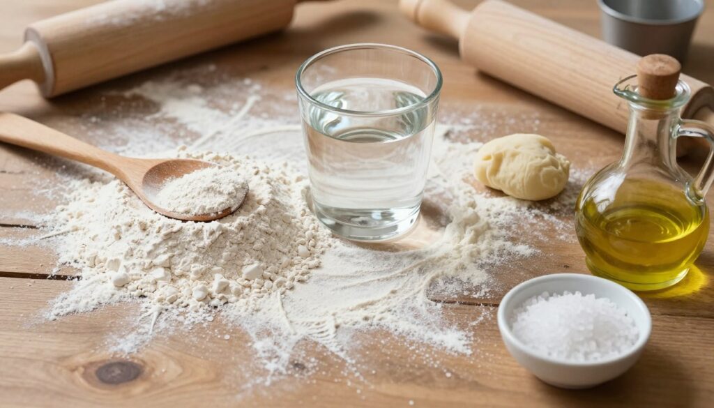A beautifully arranged flat lay of pizza dough ingredients on a rustic wooden table, featuring high-quality flour, water in a clear glass, fresh yeast, coarse sea salt, and a small dish of olive oil. The flour is dusted lightly to create a textured surface, while the water has a gentle reflection. A wooden spoon rests beside the flour, hinting at the mixing process. Soft, natural lighting casts gentle shadows, enhancing the warmth of the scene. In the background, out-of-focus kitchen tools like a rolling pin and a measuring cup subtly suggest a cozy cooking atmosphere. The overall mood is inviting and homely, perfect for illustrating classic pizza-making essentials. A beautifully arranged flat lay of pizza dough ingredients on a rustic wooden table, featuring high-quality flour, water in a clear glass, fresh yeast, coarse sea salt, and a small dish of olive oil. The flour is dusted lightly to create a textured surface, while the water has a gentle reflection. A wooden spoon rests beside the flour, hinting at the mixing process. Soft, natural lighting casts gentle shadows, enhancing the warmth of the scene. In the background, out-of-focus kitchen tools like a rolling pin and a measuring cup subtly suggest a cozy cooking atmosphere. The overall mood is inviting and homely, perfect for illustrating classic pizza-making essentials.