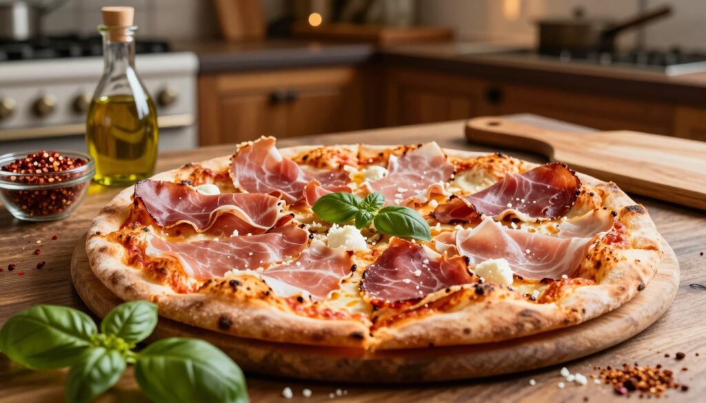 A beautifully arranged gourmet pizza topped with various types of ham, including slices of prosciutto, smoked ham, and cooked ham, all delicately placed to highlight their rich colors and textures. In the foreground, fresh basil leaves and a sprinkle of mozzarella cheese create a vibrant contrast. The middle ground features a wooden pizza peel and traditional Italian condiments, such as olive oil and crushed red pepper flakes, enhancing the culinary theme. The background shows a rustic kitchen setting with warm wooden accents and soft, ambient lighting, creating an inviting atmosphere. The angle is slightly elevated, emphasizing the delicious combination of ingredients while capturing the warmth and inviting nature of home-cooked pizza. A beautifully arranged gourmet pizza topped with various types of ham, including slices of prosciutto, smoked ham, and cooked ham, all delicately placed to highlight their rich colors and textures. In the foreground, fresh basil leaves and a sprinkle of mozzarella cheese create a vibrant contrast. The middle ground features a wooden pizza peel and traditional Italian condiments, such as olive oil and crushed red pepper flakes, enhancing the culinary theme. The background shows a rustic kitchen setting with warm wooden accents and soft, ambient lighting, creating an inviting atmosphere. The angle is slightly elevated, emphasizing the delicious combination of ingredients while capturing the warmth and inviting nature of home-cooked pizza.
