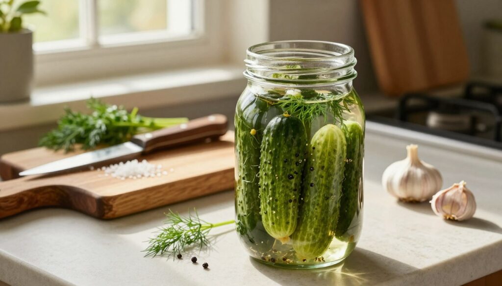 A beautifully arranged kitchen countertop showcasing the process of pickling cucumbers, emphasizing the ideal conditions for fermentation. In the foreground, a glass jar filled with fresh cucumbers submerged in brine, adorned with spices like dill, garlic, and black pepper. The middle ground features a rustic wooden cutting board with a knife and scattered ingredients, including salt and herbs. In the background, a window allows warm, natural light to stream in, casting soft shadows and enhancing the cozy atmosphere of home cooking. The overall mood is warm and inviting, reflecting a sense of tradition and careful craftsmanship in creating crunchy pickles. The angle is slightly elevated, giving a clear view of the preparation process, while ensuring no text or branding elements are in the image. A beautifully arranged kitchen countertop showcasing the process of pickling cucumbers, emphasizing the ideal conditions for fermentation. In the foreground, a glass jar filled with fresh cucumbers submerged in brine, adorned with spices like dill, garlic, and black pepper. The middle ground features a rustic wooden cutting board with a knife and scattered ingredients, including salt and herbs. In the background, a window allows warm, natural light to stream in, casting soft shadows and enhancing the cozy atmosphere of home cooking. The overall mood is warm and inviting, reflecting a sense of tradition and careful craftsmanship in creating crunchy pickles. The angle is slightly elevated, giving a clear view of the preparation process, while ensuring no text or branding elements are in the image.