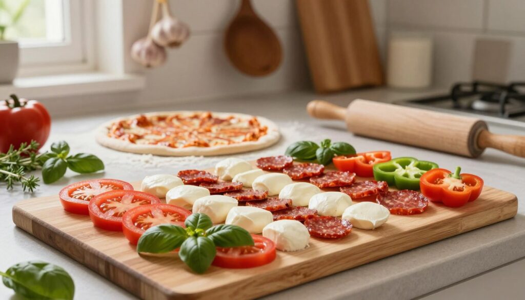 A beautifully arranged pizza preparation scene, showcasing various colorful ingredients on a wooden cutting board. In the foreground, films of sliced tomatoes, fresh basil, mozzarella cheese, pepperoni, and bell peppers are artistically laid out, emphasizing a perfect layering technique. In the middle, a partially topped pizza crust rests on a floured countertop, with a rolling pin and sprigs of herbs nearby. The background features a warm kitchen setting with hanging garlic and rustic cooking utensils, creating an inviting atmosphere. Soft, natural lighting filters through a window, casting gentle shadows and highlighting the textures of the ingredients. The mood is cheerful and creative, embodying the joy of pizza-making with an emphasis on layering for optimal baking results. A beautifully arranged pizza preparation scene, showcasing various colorful ingredients on a wooden cutting board. In the foreground, films of sliced tomatoes, fresh basil, mozzarella cheese, pepperoni, and bell peppers are artistically laid out, emphasizing a perfect layering technique. In the middle, a partially topped pizza crust rests on a floured countertop, with a rolling pin and sprigs of herbs nearby. The background features a warm kitchen setting with hanging garlic and rustic cooking utensils, creating an inviting atmosphere. Soft, natural lighting filters through a window, casting gentle shadows and highlighting the textures of the ingredients. The mood is cheerful and creative, embodying the joy of pizza-making with an emphasis on layering for optimal baking results.
