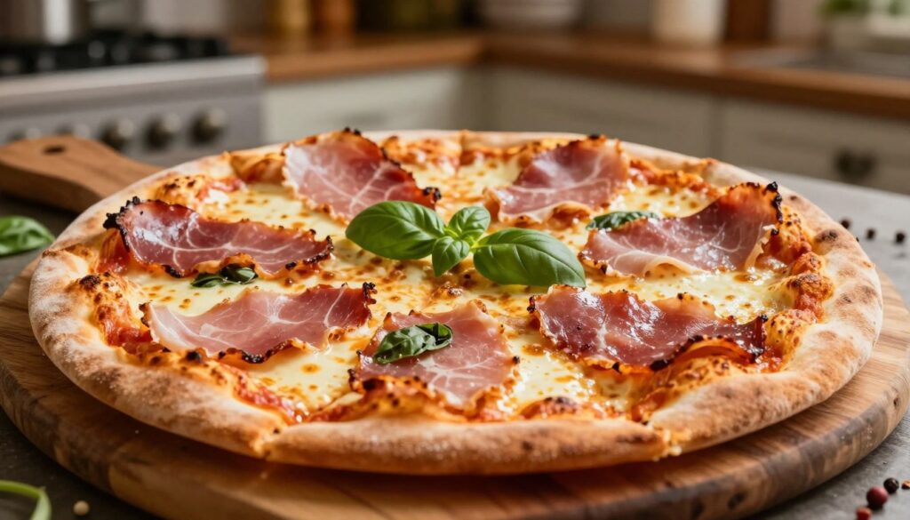 A beautifully arranged pizza topped with slices of delicious ham, showcasing varying textures and colors of the ham. The foreground features glistening pieces of juicy, cured ham artfully placed on a freshly baked pizza with bubbling, melted cheese, and vibrant green basil leaves. The middle ground captures the pizza on a rustic wooden cutting board, emphasizing its artisanal quality, with tool hints of herbs and spices scattered around. In the background, a cozy and warmly lit kitchen setting creates a homely atmosphere, with soft lighting illuminating the pizza and enhancing the appetizing appearance. The mood is inviting and mouthwatering, evoking a desire to savor every bite. The image focuses solely on the pizza, ensuring no text or watermarks distract from the scene. A beautifully arranged pizza topped with slices of delicious ham, showcasing varying textures and colors of the ham. The foreground features glistening pieces of juicy, cured ham artfully placed on a freshly baked pizza with bubbling, melted cheese, and vibrant green basil leaves. The middle ground captures the pizza on a rustic wooden cutting board, emphasizing its artisanal quality, with tool hints of herbs and spices scattered around. In the background, a cozy and warmly lit kitchen setting creates a homely atmosphere, with soft lighting illuminating the pizza and enhancing the appetizing appearance. The mood is inviting and mouthwatering, evoking a desire to savor every bite. The image focuses solely on the pizza, ensuring no text or watermarks distract from the scene.