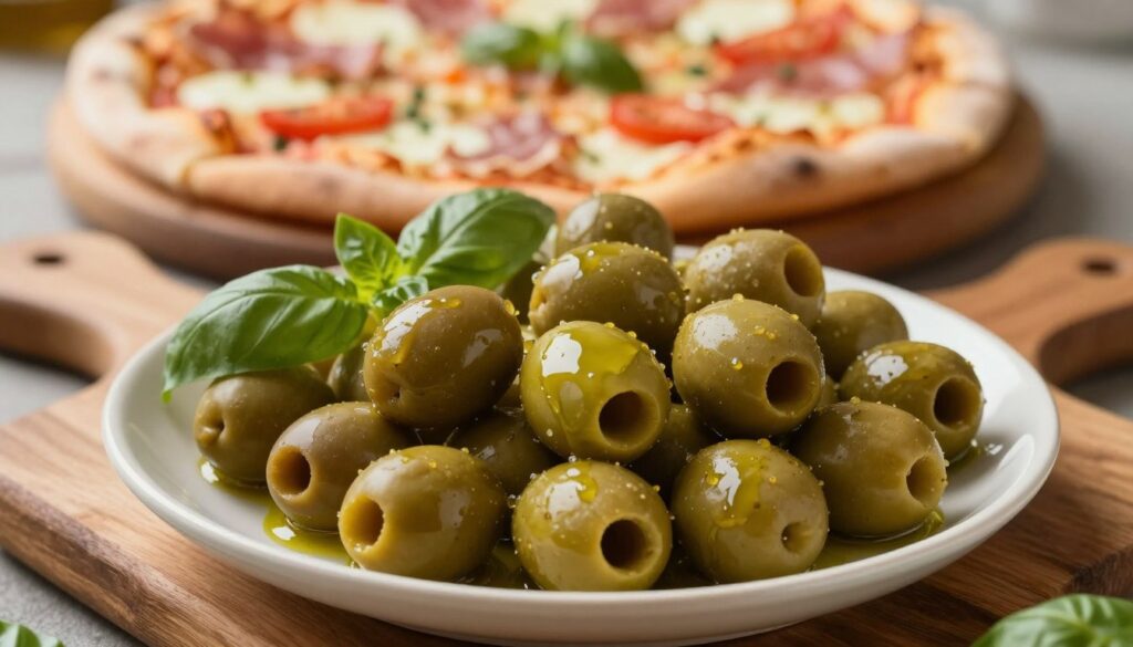 A beautifully arranged plate of green olives, showcasing a variety of sizes and textures, sits in the foreground, glistening with a light drizzle of olive oil. The olives are scattered artfully, with a few leaves of fresh basil interspersed for contrast. In the middle ground, a rustic wooden cutting board complements the natural aesthetic, while a blurred pizza in the background features classic toppings like mozzarella, tomatoes, and prosciutto, subtly hinting at Italian cuisine. Soft, warm lighting bathes the scene, creating an inviting atmosphere. The image is captured from a slightly elevated angle, emphasizing the olives and the overall harmony of ingredients, evoking a sense of balanced flavors. No text, captions, or logos present. A beautifully arranged plate of green olives, showcasing a variety of sizes and textures, sits in the foreground, glistening with a light drizzle of olive oil. The olives are scattered artfully, with a few leaves of fresh basil interspersed for contrast. In the middle ground, a rustic wooden cutting board complements the natural aesthetic, while a blurred pizza in the background features classic toppings like mozzarella, tomatoes, and prosciutto, subtly hinting at Italian cuisine. Soft, warm lighting bathes the scene, creating an inviting atmosphere. The image is captured from a slightly elevated angle, emphasizing the olives and the overall harmony of ingredients, evoking a sense of balanced flavors. No text, captions, or logos present.