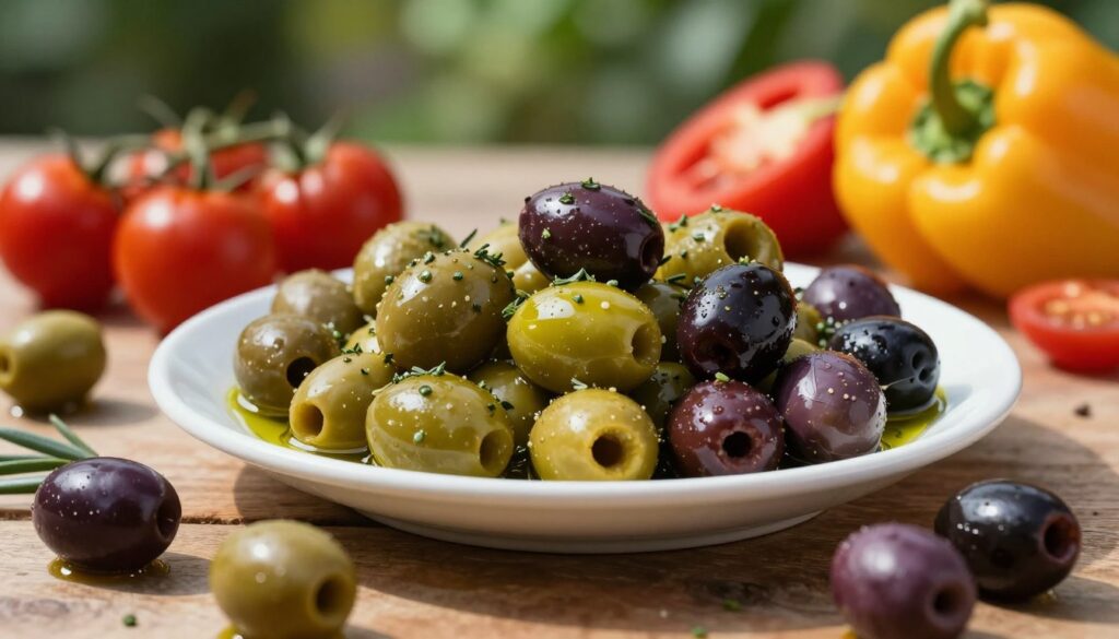 A beautifully arranged plate of marinated olives, showcasing a variety of types including green, black, and kalamata, each glistening with olive oil and sprinkled with fresh herbs. In the foreground, the olives are artistically scattered, adding a vibrant splash of color against a rustic wooden table. In the middle ground, include fresh vegetables like cherry tomatoes and bell peppers, enhancing the composition's freshness without overwhelming the scene. In the background, soft-focus greenery hints at a garden setting, creating an inviting atmosphere. The lighting is warm and natural, with sunlight casting gentle shadows, evoking a sense of wholesome, earthy vibes. The angle is slightly elevated, capturing the texture and richness of the ingredients while emphasizing their balance and harmony. A beautifully arranged plate of marinated olives, showcasing a variety of types including green, black, and kalamata, each glistening with olive oil and sprinkled with fresh herbs. In the foreground, the olives are artistically scattered, adding a vibrant splash of color against a rustic wooden table. In the middle ground, include fresh vegetables like cherry tomatoes and bell peppers, enhancing the composition's freshness without overwhelming the scene. In the background, soft-focus greenery hints at a garden setting, creating an inviting atmosphere. The lighting is warm and natural, with sunlight casting gentle shadows, evoking a sense of wholesome, earthy vibes. The angle is slightly elevated, capturing the texture and richness of the ingredients while emphasizing their balance and harmony.