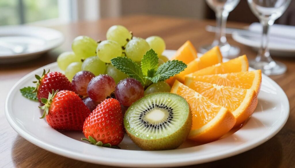 A beautifully arranged platter of assorted fresh fruits, including vibrant strawberries, glossy grapes, bright orange slices, and neatly cut kiwi, all reflecting a sense of freshness. The fruits are elegantly garnished with mint leaves, arranged artfully on a white ceramic plate. In the background, softly blurred elements of a sophisticated dining setting are visible, including a wooden table and delicate glassware. Natural daylight filters through a nearby window, creating a warm, inviting atmosphere that highlights the vivid colors and dewy texture of the fruits. The angle is slightly above the platter, focusing on the appealing freshness while avoiding any distractions, conveying an elegant and refined mood suitable for a special occasion. A beautifully arranged platter of assorted fresh fruits, including vibrant strawberries, glossy grapes, bright orange slices, and neatly cut kiwi, all reflecting a sense of freshness. The fruits are elegantly garnished with mint leaves, arranged artfully on a white ceramic plate. In the background, softly blurred elements of a sophisticated dining setting are visible, including a wooden table and delicate glassware. Natural daylight filters through a nearby window, creating a warm, inviting atmosphere that highlights the vivid colors and dewy texture of the fruits. The angle is slightly above the platter, focusing on the appealing freshness while avoiding any distractions, conveying an elegant and refined mood suitable for a special occasion.