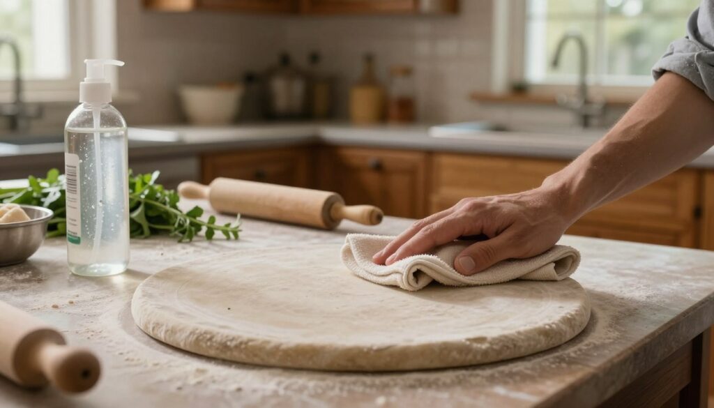 A beautifully arranged scene of a stone pizza baking stone being gently cleaned with a soft cloth. In the foreground, show the stone with a smooth surface, slightly dusted with flour remnants from previous pizza sessions. A bottle of natural cleaning solution, made from vinegar and water, stands to the side, with a few droplets glistening in the light. The middle ground features a kitchen counter lined with various pizza-making tools - a pizza peel, fresh herbs, and a rolling pin. The background showcases a warm, inviting kitchen with rustic wooden cabinets and soft, ambient lighting streaming through a window, creating a cozy atmosphere. Aim for a close-up angle to emphasize the texture of the stone and the careful cleaning process. A beautifully arranged scene of a stone pizza baking stone being gently cleaned with a soft cloth. In the foreground, show the stone with a smooth surface, slightly dusted with flour remnants from previous pizza sessions. A bottle of natural cleaning solution, made from vinegar and water, stands to the side, with a few droplets glistening in the light. The middle ground features a kitchen counter lined with various pizza-making tools - a pizza peel, fresh herbs, and a rolling pin. The background showcases a warm, inviting kitchen with rustic wooden cabinets and soft, ambient lighting streaming through a window, creating a cozy atmosphere. Aim for a close-up angle to emphasize the texture of the stone and the careful cleaning process.