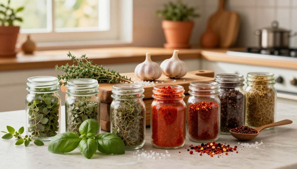 A beautifully arranged selection of pizza spices in an inviting kitchen setting. In the foreground, showcase vibrant jars of classic Italian herbs like oregano, basil, and thyme, alongside unique spices such as smoked paprika and crushed red pepper flakes. The middle layer features a rustic wooden cutting board with fresh garlic and a scattering of sea salt. In the background, a sunlit kitchen with Italian decor, including terracotta pots and a window letting in warm natural light, adds warmth to the scene. The mood is cozy and appetizing, emphasizing the aromatic qualities of the spices. Use soft, diffused lighting to enhance the textures and colors of the herbs and ingredients, shot at a slight angle for a dynamic perspective. A beautifully arranged selection of pizza spices in an inviting kitchen setting. In the foreground, showcase vibrant jars of classic Italian herbs like oregano, basil, and thyme, alongside unique spices such as smoked paprika and crushed red pepper flakes. The middle layer features a rustic wooden cutting board with fresh garlic and a scattering of sea salt. In the background, a sunlit kitchen with Italian decor, including terracotta pots and a window letting in warm natural light, adds warmth to the scene. The mood is cozy and appetizing, emphasizing the aromatic qualities of the spices. Use soft, diffused lighting to enhance the textures and colors of the herbs and ingredients, shot at a slight angle for a dynamic perspective.