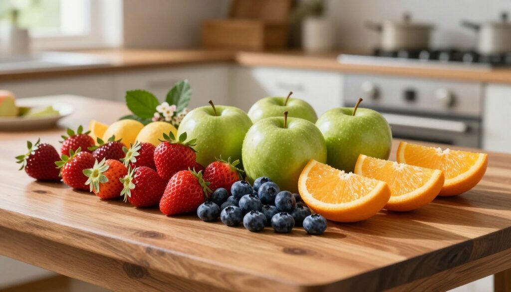 A beautifully arranged selection of seasonal fruits elegantly displayed on a sophisticated wooden table. In the foreground, vibrant fruits such as ripe strawberries, luscious blueberries, glossy green apples, and radiant orange slices are artfully arranged in a harmonious color palette. Soft natural lighting streams in from a nearby window, casting gentle shadows and highlighting the freshness of the fruits. In the middle ground, delicate leaves and small flowers enhance the arrangement, adding an organic touch. The background features a blurred, softly lit kitchen setting, evoking a warm and inviting atmosphere. The image captures the essence of elegance and freshness, perfect for a festive gathering. A beautifully arranged selection of seasonal fruits elegantly displayed on a sophisticated wooden table. In the foreground, vibrant fruits such as ripe strawberries, luscious blueberries, glossy green apples, and radiant orange slices are artfully arranged in a harmonious color palette. Soft natural lighting streams in from a nearby window, casting gentle shadows and highlighting the freshness of the fruits. In the middle ground, delicate leaves and small flowers enhance the arrangement, adding an organic touch. The background features a blurred, softly lit kitchen setting, evoking a warm and inviting atmosphere. The image captures the essence of elegance and freshness, perfect for a festive gathering.