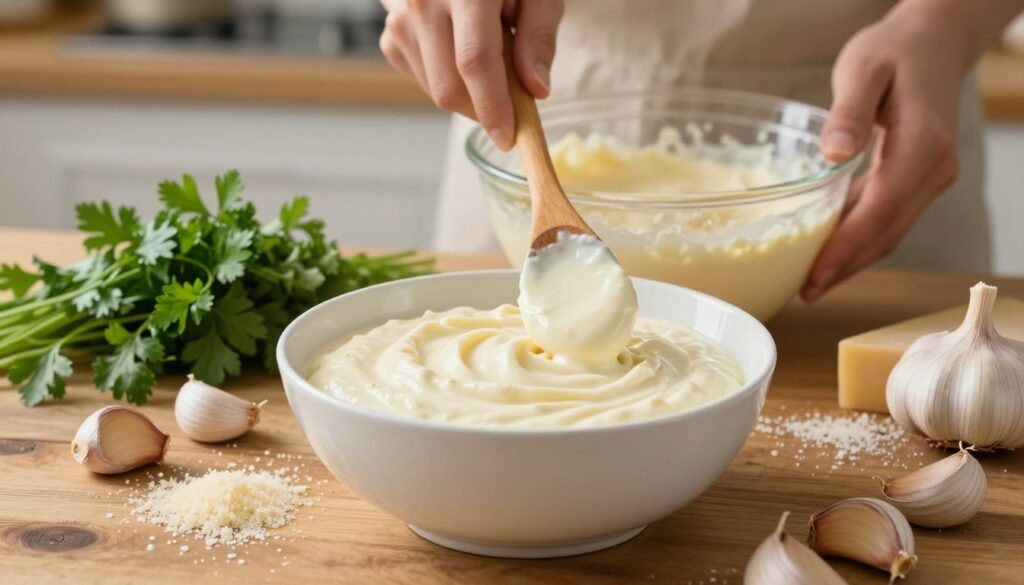 A beautifully arranged step-by-step guide to making creamy pizza sauce, featuring a pristine white bowl filled with a smooth, inviting cream sauce in the foreground. The bowl is placed on a rustic wooden kitchen table, surrounded by fresh ingredients like chopped parsley, garlic cloves, and a sprinkle of grated parmesan cheese creating an inviting scene. In the middle ground, a pair of hands expertly whisk the sauce with a wooden spoon, showcasing the process. The background features a softly blurred kitchen setting with warm, natural light pouring in, highlighting the freshness of the ingredients and creating a cozy atmosphere. Capture the textures and colors vibrantly, with a slight focus on the creamy sauce to emphasize its silky consistency and rich flavor. A beautifully arranged step-by-step guide to making creamy pizza sauce, featuring a pristine white bowl filled with a smooth, inviting cream sauce in the foreground. The bowl is placed on a rustic wooden kitchen table, surrounded by fresh ingredients like chopped parsley, garlic cloves, and a sprinkle of grated parmesan cheese creating an inviting scene. In the middle ground, a pair of hands expertly whisk the sauce with a wooden spoon, showcasing the process. The background features a softly blurred kitchen setting with warm, natural light pouring in, highlighting the freshness of the ingredients and creating a cozy atmosphere. Capture the textures and colors vibrantly, with a slight focus on the creamy sauce to emphasize its silky consistency and rich flavor.