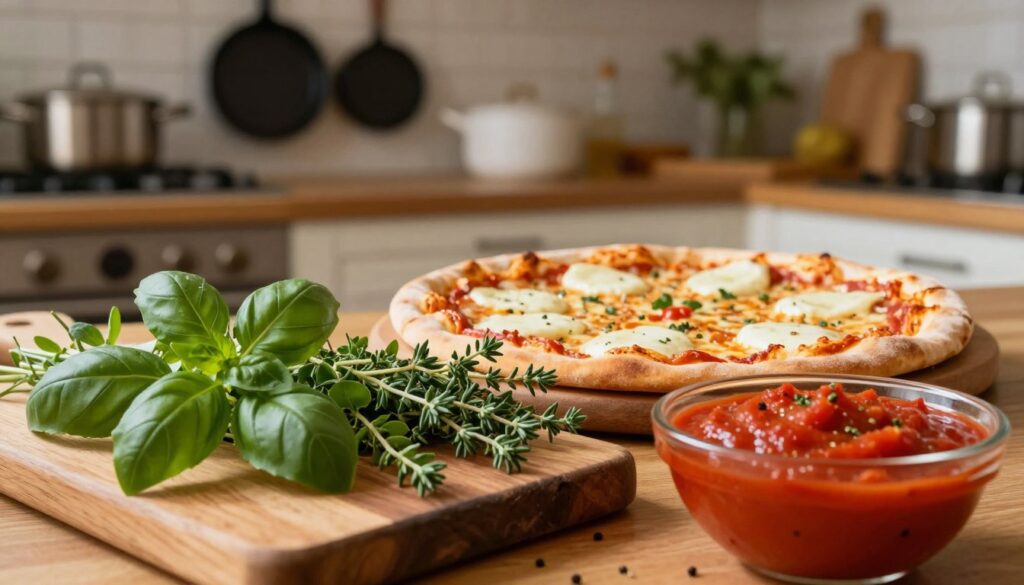 A beautifully arranged table showcasing a variety of fresh herbs and spices ideal for enhancing pizza aroma, set in a cozy kitchen environment. In the foreground, vibrant basil, oregano, and thyme sprigs rest on a rustic wooden cutting board next to a bowl of rich, red tomato sauce. In the middle, a freshly baked pizza with gooey mozzarella cheese highlights the moment just before seasoning. The background captures a softly lit kitchen with pots and pans hanging on the wall, adding warmth to the scene. The lighting is warm and inviting, reminiscent of a sunny afternoon. Capture the essence of cooking with a focus on aromatic herbs and the process of customizing flavors, creating a welcoming and appetizing atmosphere. A beautifully arranged table showcasing a variety of fresh herbs and spices ideal for enhancing pizza aroma, set in a cozy kitchen environment. In the foreground, vibrant basil, oregano, and thyme sprigs rest on a rustic wooden cutting board next to a bowl of rich, red tomato sauce. In the middle, a freshly baked pizza with gooey mozzarella cheese highlights the moment just before seasoning. The background captures a softly lit kitchen with pots and pans hanging on the wall, adding warmth to the scene. The lighting is warm and inviting, reminiscent of a sunny afternoon. Capture the essence of cooking with a focus on aromatic herbs and the process of customizing flavors, creating a welcoming and appetizing atmosphere.