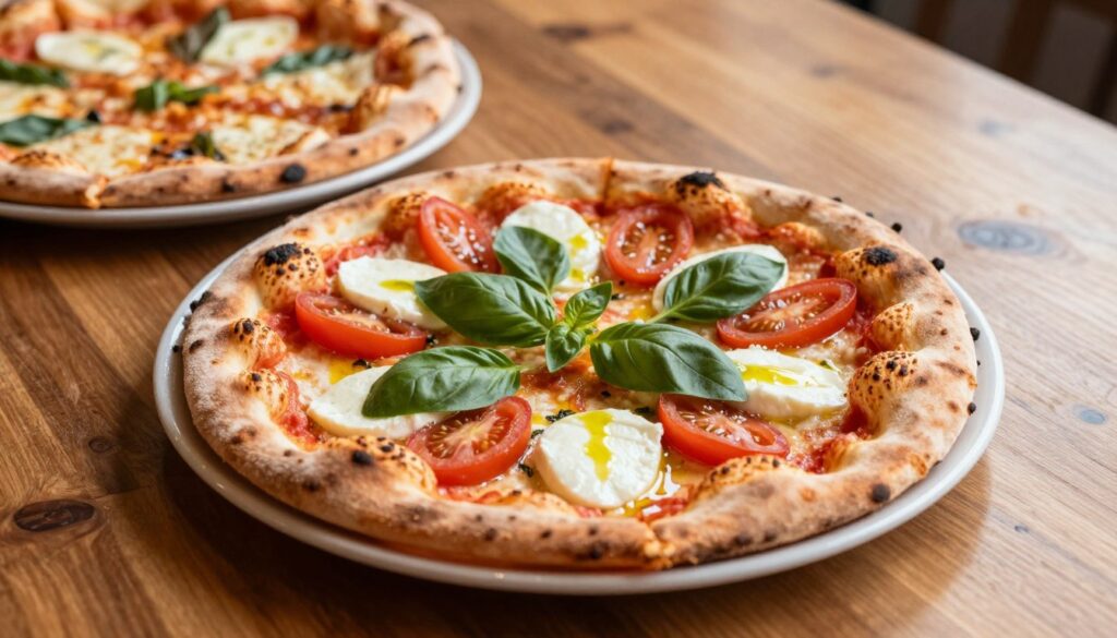 A beautifully arranged thin Neapolitan pizza sits gracefully on a rustic wooden table, showcasing a light and fresh appearance. The pizza features a delicately charred crust topped with vibrant basil leaves, fresh mozzarella slices, and ripe tomatoes glistening with olive oil. In the background, a contrast of heavier pizza versions can be seen, like a thick, cheesy deep-dish, slightly blurred for depth. Soft, warm lighting enhances the scene, creating an inviting and appetizing atmosphere. The angle is slightly above the table, allowing for a dynamic view of the pizzas. The overall mood is casual yet sophisticated, highlighting the lighter Neapolitan pizza as a healthier choice in a delightful, culinary setting. A beautifully arranged thin Neapolitan pizza sits gracefully on a rustic wooden table, showcasing a light and fresh appearance. The pizza features a delicately charred crust topped with vibrant basil leaves, fresh mozzarella slices, and ripe tomatoes glistening with olive oil. In the background, a contrast of heavier pizza versions can be seen, like a thick, cheesy deep-dish, slightly blurred for depth. Soft, warm lighting enhances the scene, creating an inviting and appetizing atmosphere. The angle is slightly above the table, allowing for a dynamic view of the pizzas. The overall mood is casual yet sophisticated, highlighting the lighter Neapolitan pizza as a healthier choice in a delightful, culinary setting.