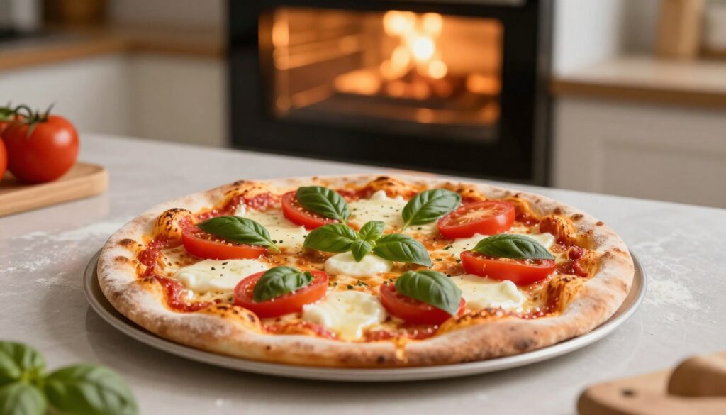 A beautifully styled kitchen countertop displays a freshly prepared pizza just before baking. The pizza features vibrant toppings: vibrant red tomatoes, green basil leaves, and a generous layer of mozzarella cheese. The mozzarella is half melted, with a portion waiting to be added, signaling the right time for optimal moisture control during baking. In the background, a warm, inviting oven glows softly, hinting at the heat inside. The lighting is warm and inviting, emphasizing the textures of the ingredients, with a shallow depth of field focusing on the pizza while blurring the kitchen elements surrounding it, creating a cozy, homely atmosphere. No text, captions, or watermarks are included. A beautifully styled kitchen countertop displays a freshly prepared pizza just before baking. The pizza features vibrant toppings: vibrant red tomatoes, green basil leaves, and a generous layer of mozzarella cheese. The mozzarella is half melted, with a portion waiting to be added, signaling the right time for optimal moisture control during baking. In the background, a warm, inviting oven glows softly, hinting at the heat inside. The lighting is warm and inviting, emphasizing the textures of the ingredients, with a shallow depth of field focusing on the pizza while blurring the kitchen elements surrounding it, creating a cozy, homely atmosphere. No text, captions, or watermarks are included.