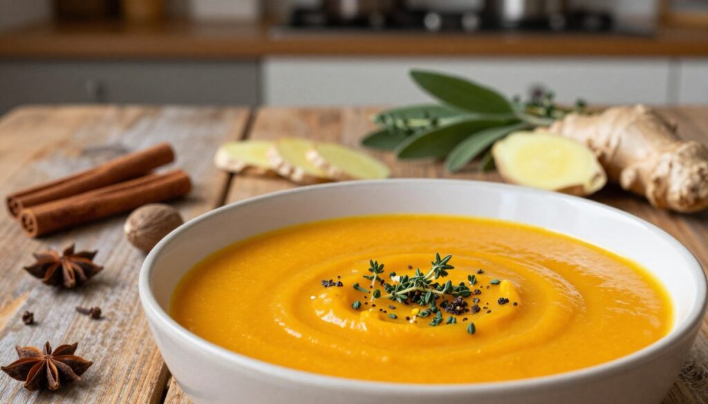 A beautifully styled plate of creamy pumpkin soup, garnished with a sprinkle of fresh ginger, accompanied by herbs like thyme and sage. The foreground features a smooth, textured bowl with an inviting, warm orange color of the soup. The middle ground displays a rustic wooden table scattered with whole spices—cinnamon sticks, nutmeg, and cloves—alongside sliced ginger and fresh herbs, enhancing the visual appeal. The background features a softly blurred kitchen environment, with warm, diffused lighting creating a cozy atmosphere, reminiscent of fall. Capture the essence of warmth and comfort, emphasizing the indulgent flavors of the soup preparation. The image should be detailed, emphasizing texture and color contrast, with an overall inviting and aromatic ambiance. A beautifully styled plate of creamy pumpkin soup, garnished with a sprinkle of fresh ginger, accompanied by herbs like thyme and sage. The foreground features a smooth, textured bowl with an inviting, warm orange color of the soup. The middle ground displays a rustic wooden table scattered with whole spices—cinnamon sticks, nutmeg, and cloves—alongside sliced ginger and fresh herbs, enhancing the visual appeal. The background features a softly blurred kitchen environment, with warm, diffused lighting creating a cozy atmosphere, reminiscent of fall. Capture the essence of warmth and comfort, emphasizing the indulgent flavors of the soup preparation. The image should be detailed, emphasizing texture and color contrast, with an overall inviting and aromatic ambiance.