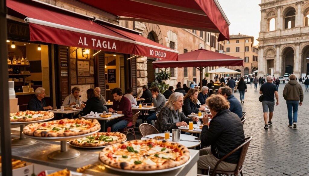 A bustling Roman piazza scene showcasing various pizzerias, from a quaint al taglio spot with a vibrant red awning in the foreground to a traditional trattoria with outdoor seating in the middle ground. The foreground features an enticing display of fresh pizzas on metallic trays, glistening under warm golden lighting. In the background, iconic Roman architecture, like ancient stone buildings and cobbled streets, adds to the atmosphere. Patrons, dressed in modest casual clothing, enjoy their meals, creating a lively, friendly ambiance. The composition captures the essence of dining in Rome, with soft shadows and a slightly elevated angle to encompass the surrounding energy. The image should evoke warmth, flavor, and the rich culture of Italy's pizza scene. A bustling Roman piazza scene showcasing various pizzerias, from a quaint al taglio spot with a vibrant red awning in the foreground to a traditional trattoria with outdoor seating in the middle ground. The foreground features an enticing display of fresh pizzas on metallic trays, glistening under warm golden lighting. In the background, iconic Roman architecture, like ancient stone buildings and cobbled streets, adds to the atmosphere. Patrons, dressed in modest casual clothing, enjoy their meals, creating a lively, friendly ambiance. The composition captures the essence of dining in Rome, with soft shadows and a slightly elevated angle to encompass the surrounding energy. The image should evoke warmth, flavor, and the rich culture of Italy's pizza scene.