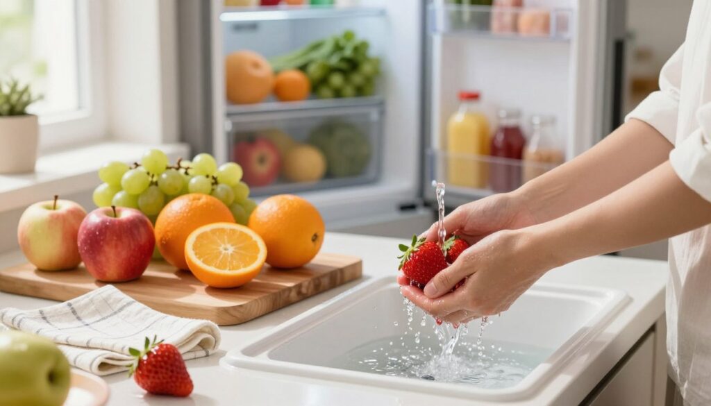 A clean, well-lit kitchen scene showcasing the preparation of fresh fruits before consumption. In the foreground, a pair of hands gently washing vivid red strawberries under running water, droplets glistening in the light. On the middle counter, various fruits like apples, oranges, and grapes are arranged alongside a wooden cutting board and a clean dish towel. In the background, an open refrigerator with neatly organized produce highlights freshness. Soft, natural light floods the space through a nearby window, creating a warm and inviting atmosphere. The angle captures the vibrant colors and textures, emphasizing cleanliness and care in food preparation, reflecting a healthy lifestyle. A clean, well-lit kitchen scene showcasing the preparation of fresh fruits before consumption. In the foreground, a pair of hands gently washing vivid red strawberries under running water, droplets glistening in the light. On the middle counter, various fruits like apples, oranges, and grapes are arranged alongside a wooden cutting board and a clean dish towel. In the background, an open refrigerator with neatly organized produce highlights freshness. Soft, natural light floods the space through a nearby window, creating a warm and inviting atmosphere. The angle captures the vibrant colors and textures, emphasizing cleanliness and care in food preparation, reflecting a healthy lifestyle.