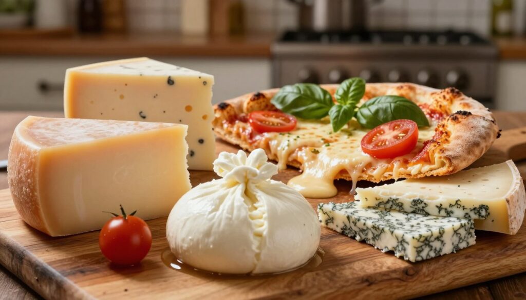 A close-up composition featuring a variety of unique cheeses ideal for pizza, excluding mozzarella. The foreground showcases aged provolone, creamy burrata, and tangy gorgonzola, all presented on a rustic wooden board. In the middle, melted cheese oozes from a slice of freshly baked pizza adorned with fresh basil and tomatoes, highlighting the rich texture of the different cheeses. The background offers a blurred glimpse of an Italian kitchen, softly lit with warm, inviting lighting that enhances the colors of the cheeses and pizza, creating a cozy atmosphere. The angle of the shot captures the deliciousness of the ingredients, enticing viewers to explore alternative cheese options for their pizza creations. A close-up composition featuring a variety of unique cheeses ideal for pizza, excluding mozzarella. The foreground showcases aged provolone, creamy burrata, and tangy gorgonzola, all presented on a rustic wooden board. In the middle, melted cheese oozes from a slice of freshly baked pizza adorned with fresh basil and tomatoes, highlighting the rich texture of the different cheeses. The background offers a blurred glimpse of an Italian kitchen, softly lit with warm, inviting lighting that enhances the colors of the cheeses and pizza, creating a cozy atmosphere. The angle of the shot captures the deliciousness of the ingredients, enticing viewers to explore alternative cheese options for their pizza creations.