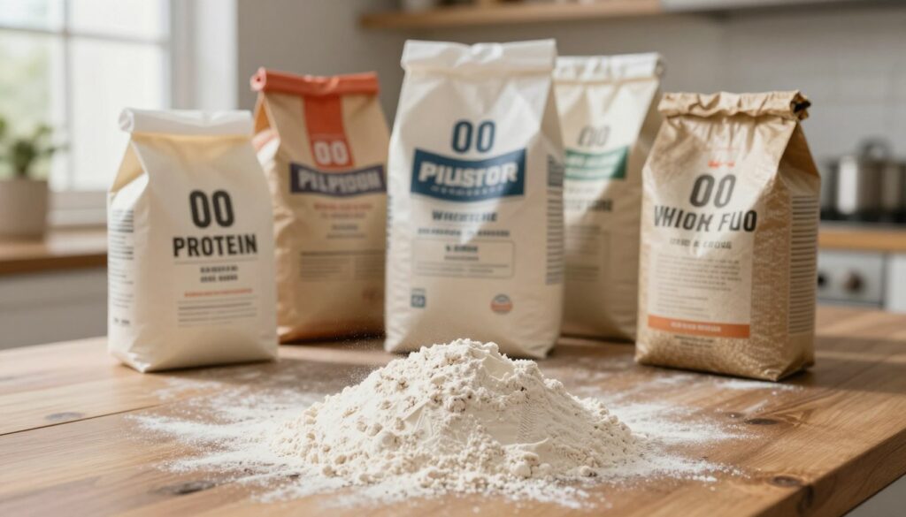 A close-up composition of flour packaging displaying nutritional information, specifically highlighting the protein content. The foreground features a large, bold label emphasizing the protein value in grams, surrounded by flour dust for texture. In the middle, various types of flour bags—such as "00," all-purpose, and whole wheat—are arranged artfully, showcasing their unique textures and packaging designs. The background features a soft-focus kitchen countertop with rustic wooden elements, natural lighting streaming through a nearby window, creating a warm and inviting atmosphere. The overall mood suggests a professional yet homey environment, ideal for baking enthusiasts seeking the best flour for pizza dough. No text or watermarks are included. A close-up composition of flour packaging displaying nutritional information, specifically highlighting the protein content. The foreground features a large, bold label emphasizing the protein value in grams, surrounded by flour dust for texture. In the middle, various types of flour bags—such as "00," all-purpose, and whole wheat—are arranged artfully, showcasing their unique textures and packaging designs. The background features a soft-focus kitchen countertop with rustic wooden elements, natural lighting streaming through a nearby window, creating a warm and inviting atmosphere. The overall mood suggests a professional yet homey environment, ideal for baking enthusiasts seeking the best flour for pizza dough. No text or watermarks are included.
