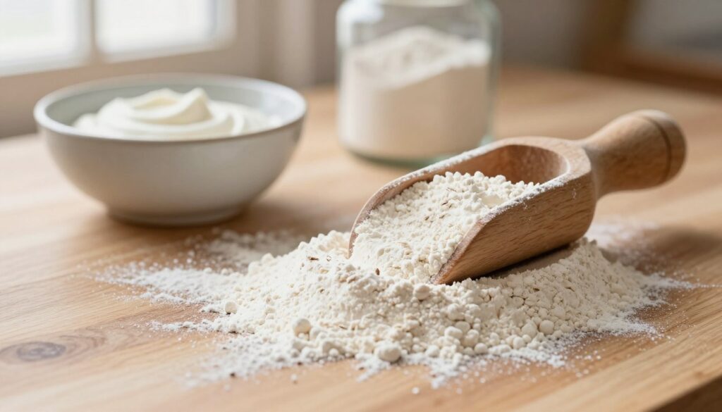 A close-up, high-resolution image of fine white wheat flour, mąki pszennej, spilling gently from a rustic wooden scoop onto a smooth, light-colored wooden countertop. In the foreground, the focus is on the fine texture and natural sheen of the flour, emphasizing its purity and freshness. In the middle ground, a ceramic bowl with a small amount of yogurt and a canister of baking powder sits nearby, hinting at the ingredients for a quick pizza dough. Soft, warm lighting creates an inviting atmosphere, with sunlight filtering through a window in the background, softly illuminating the scene. The overall mood is homey and practical, perfect for illustrating the simplicity of making pizza dough without yeast. No text or watermarks present. A close-up, high-resolution image of fine white wheat flour, mąki pszennej, spilling gently from a rustic wooden scoop onto a smooth, light-colored wooden countertop. In the foreground, the focus is on the fine texture and natural sheen of the flour, emphasizing its purity and freshness. In the middle ground, a ceramic bowl with a small amount of yogurt and a canister of baking powder sits nearby, hinting at the ingredients for a quick pizza dough. Soft, warm lighting creates an inviting atmosphere, with sunlight filtering through a window in the background, softly illuminating the scene. The overall mood is homey and practical, perfect for illustrating the simplicity of making pizza dough without yeast. No text or watermarks present.