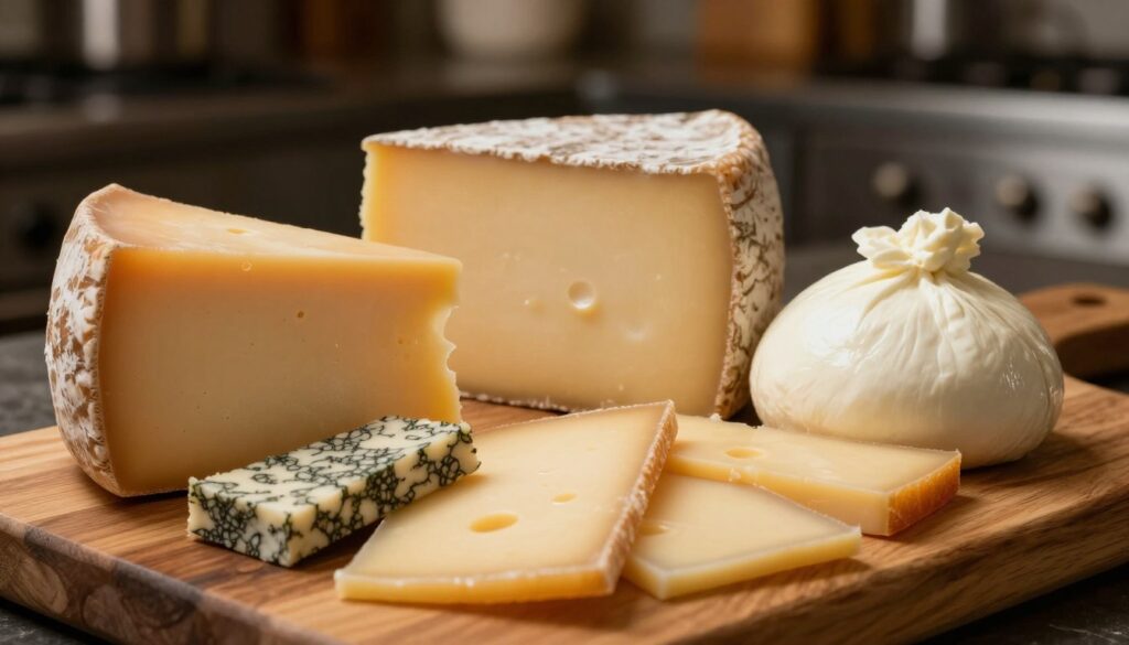 A close-up image capturing a variety of cheeses ideal for pizza making, placed on a rustic wooden cutting board. In the foreground, display wedges and slices of high-quality cheeses like fontina, gorgonzola, and provolone, artistically arranged next to a ball of fresh mozzarella. In the middle background, show a soft cheese melting slightly, emphasizing its stretch and texture. Dim, warm lighting creates an inviting atmosphere, highlighting the rich colors and textures of the cheeses, while a blurred kitchen setting can be seen in the background. The artistically pleasing composition evokes a sense of gourmet pizza preparation, focusing on quality and the art of cheese selection. A close-up image capturing a variety of cheeses ideal for pizza making, placed on a rustic wooden cutting board. In the foreground, display wedges and slices of high-quality cheeses like fontina, gorgonzola, and provolone, artistically arranged next to a ball of fresh mozzarella. In the middle background, show a soft cheese melting slightly, emphasizing its stretch and texture. Dim, warm lighting creates an inviting atmosphere, highlighting the rich colors and textures of the cheeses, while a blurred kitchen setting can be seen in the background. The artistically pleasing composition evokes a sense of gourmet pizza preparation, focusing on quality and the art of cheese selection.