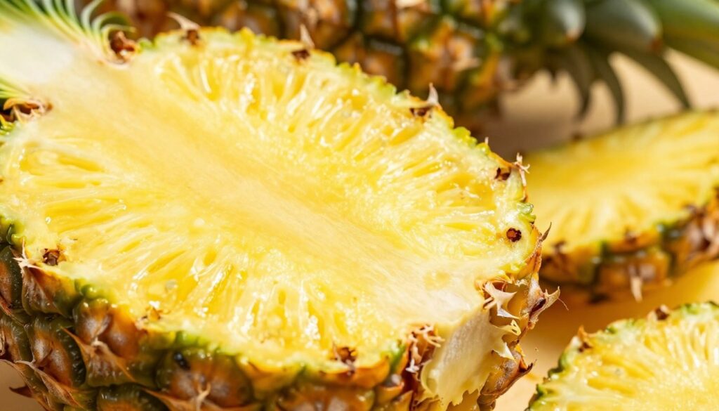 A close-up image of a freshly cut pineapple displaying its vibrant yellow flesh and distinct "oczka" (eye spots) clearly visible. In the foreground, the focus is on the textured surface of the fruit, emphasizing the contrast between the smooth flesh and the rough, prickly skin. The pineapple is partially peeled, showcasing the layers of skin and the firm, fibrous core revealed beneath. In the background, softly blurred, there are a few discarded pineapple skins to illustrate the process of peeling. The lighting is warm, highlighting the juicy texture of the pineapple, with a slight emphasis on the shine of the fresh cuts. The angle is slightly above, giving a detailed view of the pineapple's surface and its intricate patterns, conveying a fresh, vibrant atmosphere ideal for focusing on the art of pineapple preparation. A close-up image of a freshly cut pineapple displaying its vibrant yellow flesh and distinct "oczka" (eye spots) clearly visible. In the foreground, the focus is on the textured surface of the fruit, emphasizing the contrast between the smooth flesh and the rough, prickly skin. The pineapple is partially peeled, showcasing the layers of skin and the firm, fibrous core revealed beneath. In the background, softly blurred, there are a few discarded pineapple skins to illustrate the process of peeling. The lighting is warm, highlighting the juicy texture of the pineapple, with a slight emphasis on the shine of the fresh cuts. The angle is slightly above, giving a detailed view of the pineapple's surface and its intricate patterns, conveying a fresh, vibrant atmosphere ideal for focusing on the art of pineapple preparation.