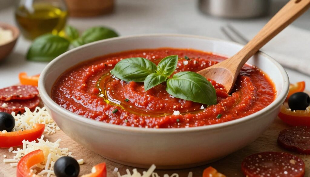 A close-up image of a vibrant, rich red tomato sauce in a ceramic bowl, garnished with fresh basil leaves and a drizzle of olive oil. The sauce should have a glossy texture, showcasing small bits of garlic and herbs, indicating its freshness. In the foreground, there are grated cheese and a variety of colorful toppings like pepperoni, bell peppers, and olives, artistically arranged around the bowl. In the middle, a wooden spoon rests in the sauce, suggesting an inviting preparation atmosphere. The background features a rustic kitchen with soft, warm lighting that creates a cozy ambiance, emphasizing the homemade feel of the pizza-making process. The scene should evoke a sense of culinary artistry and deliciousness, making the viewer feel hungry and inspired to create their own perfect pizza. A close-up image of a vibrant, rich red tomato sauce in a ceramic bowl, garnished with fresh basil leaves and a drizzle of olive oil. The sauce should have a glossy texture, showcasing small bits of garlic and herbs, indicating its freshness. In the foreground, there are grated cheese and a variety of colorful toppings like pepperoni, bell peppers, and olives, artistically arranged around the bowl. In the middle, a wooden spoon rests in the sauce, suggesting an inviting preparation atmosphere. The background features a rustic kitchen with soft, warm lighting that creates a cozy ambiance, emphasizing the homemade feel of the pizza-making process. The scene should evoke a sense of culinary artistry and deliciousness, making the viewer feel hungry and inspired to create their own perfect pizza.