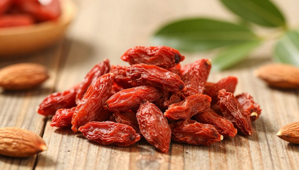 A close-up image of dried goji berries, showcasing their vibrant red-orange color and unique wrinkled texture. Place the berries on a rustic wooden table, surrounded by healthy elements like green leaves and a few scattered almonds to emphasize their nutritional value. In the background, softly blurred natural light filters through, creating a warm and inviting atmosphere. Use a shallow depth of field to draw attention to the berries while maintaining a soft focus on the background. The overall mood should evoke a sense of health and vitality, highlighting the berries' role as a superfood packed with vitamins, minerals, and antioxidants. A close-up image of dried goji berries, showcasing their vibrant red-orange color and unique wrinkled texture. Place the berries on a rustic wooden table, surrounded by healthy elements like green leaves and a few scattered almonds to emphasize their nutritional value. In the background, softly blurred natural light filters through, creating a warm and inviting atmosphere. Use a shallow depth of field to draw attention to the berries while maintaining a soft focus on the background. The overall mood should evoke a sense of health and vitality, highlighting the berries' role as a superfood packed with vitamins, minerals, and antioxidants.