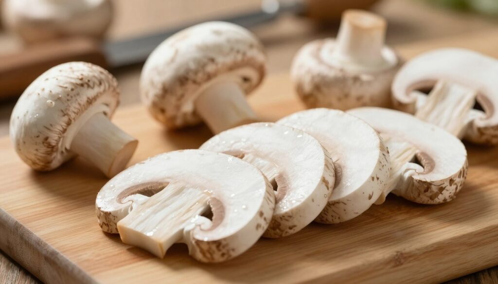 A close-up image of freshly sliced mushrooms on a wooden cutting board, showcasing various thicknesses of the slices to highlight their texture. The foreground features evenly cut mushroom slices, some with a glossy sheen reflecting soft, natural light, emphasizing their freshness. In the background, a blurred kitchen scene reveals a rustic ambiance, with warm wooden tones and subtle, soft-focus kitchen tools. The lighting is bright, illuminating the mushrooms while creating gentle shadows to enhance their form. The atmosphere conveys a sense of culinary preparation, inviting viewers to appreciate the essential role of properly sliced mushrooms in pizza making. A close-up image of freshly sliced mushrooms on a wooden cutting board, showcasing various thicknesses of the slices to highlight their texture. The foreground features evenly cut mushroom slices, some with a glossy sheen reflecting soft, natural light, emphasizing their freshness. In the background, a blurred kitchen scene reveals a rustic ambiance, with warm wooden tones and subtle, soft-focus kitchen tools. The lighting is bright, illuminating the mushrooms while creating gentle shadows to enhance their form. The atmosphere conveys a sense of culinary preparation, inviting viewers to appreciate the essential role of properly sliced mushrooms in pizza making.