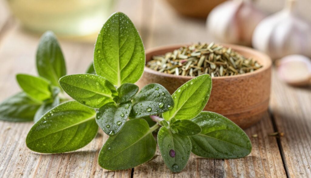 A close-up image of vibrant green oregano leaves, glistening with morning dew, placed prominently in the foreground. The leaves are fresh and lush, exhibiting varying shades of green and a hint of purple at the tips. In the middle ground, a small wooden bowl filled with dried oregano flakes complements the fresh leaves, invoking the essence of Italian cooking. In the softly blurred background, a rustic wooden table and some garlic bulbs are visible, providing a warm, homely atmosphere. Natural light spills in from the left, casting gentle shadows and highlighting the texture of the leaves. The overall mood is fresh and inviting, perfect for illustrating the rich flavors of pizza seasoning. A close-up image of vibrant green oregano leaves, glistening with morning dew, placed prominently in the foreground. The leaves are fresh and lush, exhibiting varying shades of green and a hint of purple at the tips. In the middle ground, a small wooden bowl filled with dried oregano flakes complements the fresh leaves, invoking the essence of Italian cooking. In the softly blurred background, a rustic wooden table and some garlic bulbs are visible, providing a warm, homely atmosphere. Natural light spills in from the left, casting gentle shadows and highlighting the texture of the leaves. The overall mood is fresh and inviting, perfect for illustrating the rich flavors of pizza seasoning.