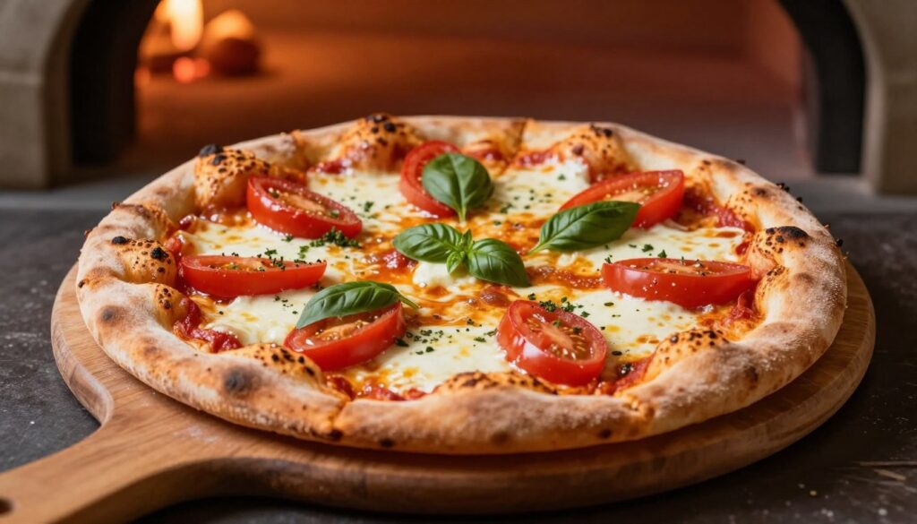 A close-up of a freshly baked pizza on a wooden pizza peel, showcasing a perfectly golden-brown crust with a crispy texture. The pizza, topped with vibrant red tomatoes, melted mozzarella cheese, and aromatic basil, is placed in an oven with a wood-fired appearance in the background. Soft, warm light illuminates the scene, highlighting the inviting details of the ingredients. The angle captures the pizza from a slightly elevated perspective, emphasizing the dough's thickness and the bubbling cheese. The atmosphere conveys warmth and a sense of culinary craftsmanship, evoking the essence of baking pizza at the optimal temperature for a crispy yet moist crust. A close-up of a freshly baked pizza on a wooden pizza peel, showcasing a perfectly golden-brown crust with a crispy texture. The pizza, topped with vibrant red tomatoes, melted mozzarella cheese, and aromatic basil, is placed in an oven with a wood-fired appearance in the background. Soft, warm light illuminates the scene, highlighting the inviting details of the ingredients. The angle captures the pizza from a slightly elevated perspective, emphasizing the dough's thickness and the bubbling cheese. The atmosphere conveys warmth and a sense of culinary craftsmanship, evoking the essence of baking pizza at the optimal temperature for a crispy yet moist crust.