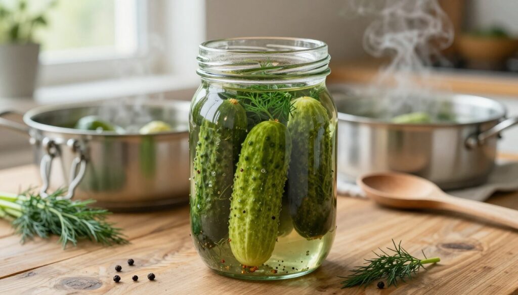 A close-up of a glass jar of pickled cucumbers sitting on a rustic wooden table, surrounded by ingredients for making zalewa. In the foreground, focus on the jar filled with vibrant green cucumbers, suspended in a clear brine with hints of spices like dill, garlic, and peppercorns. The middle ground features a small saucepan with steaming hot brine, garnished with fresh herbs, and a wooden spoon resting beside it. In the background, soft natural light filters through a nearby window, creating a warm and inviting kitchen atmosphere. The scene conveys a feeling of home-cooked comfort and culinary delight, emphasizing the traditional art of pickling. The composition is shot with a shallow depth of field, highlighting the jar while gently blurring the background. A close-up of a glass jar of pickled cucumbers sitting on a rustic wooden table, surrounded by ingredients for making zalewa. In the foreground, focus on the jar filled with vibrant green cucumbers, suspended in a clear brine with hints of spices like dill, garlic, and peppercorns. The middle ground features a small saucepan with steaming hot brine, garnished with fresh herbs, and a wooden spoon resting beside it. In the background, soft natural light filters through a nearby window, creating a warm and inviting kitchen atmosphere. The scene conveys a feeling of home-cooked comfort and culinary delight, emphasizing the traditional art of pickling. The composition is shot with a shallow depth of field, highlighting the jar while gently blurring the background.