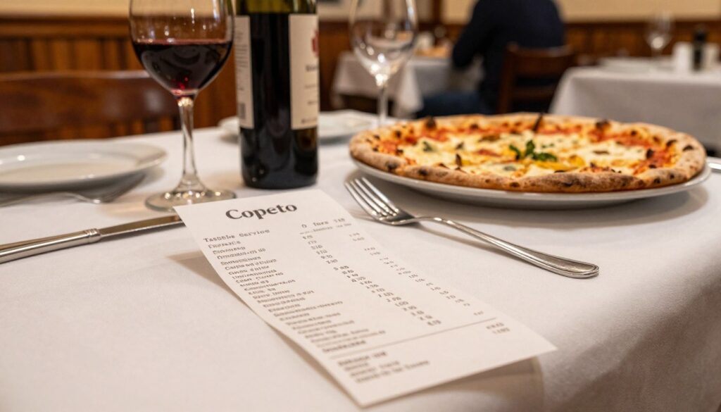 A close-up of a restaurant table in a cozy Roman trattoria, adorned with an elegant white tablecloth. In the foreground, a beautifully arranged bill or receipt titled "Coperto." The bill includes detailed line items for table service, drinks, and extra fees. Surrounding the bill, a tasteful setting featuring a bottle of red wine and two glasses, with a plate of pizza al taglio in the background, partially sliced. Soft, warm lighting creates an inviting ambiance, illuminating the textures of the food and the paper. The background shows rustic wooden décor and a blurred view of other diners, enhancing the atmosphere of a lively Italian dining experience, capturing the essence of Roman culinary culture. A close-up of a restaurant table in a cozy Roman trattoria, adorned with an elegant white tablecloth. In the foreground, a beautifully arranged bill or receipt titled "Coperto." The bill includes detailed line items for table service, drinks, and extra fees. Surrounding the bill, a tasteful setting featuring a bottle of red wine and two glasses, with a plate of pizza al taglio in the background, partially sliced. Soft, warm lighting creates an inviting ambiance, illuminating the textures of the food and the paper. The background shows rustic wooden décor and a blurred view of other diners, enhancing the atmosphere of a lively Italian dining experience, capturing the essence of Roman culinary culture.