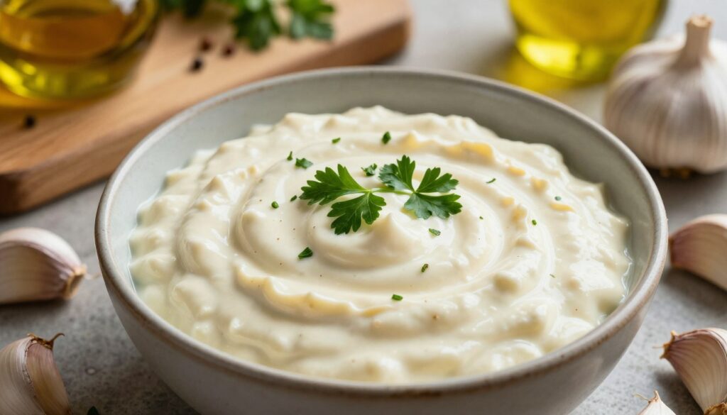 A close-up shot of a creamy garlic sauce in a rustic bowl, surrounded by fresh garlic cloves and a sprinkle of chopped parsley. The sauce should appear thick and smooth, glistening under warm, soft lighting that creates a cozy, inviting atmosphere. In the background, a wooden cutting board is visible with ingredients like olive oil and spices, subtly hinting at the recipe process. A well-used kitchen counter sets the scene, adding warmth and authenticity, while the focus remains on the sauce. The camera angle is slightly above the bowl, capturing the texture of the sauce and the vibrant colors of the surrounding ingredients. The overall mood is homey, emphasizing the delightful and flavorful essence of making garlic sauce for pizza. A close-up shot of a creamy garlic sauce in a rustic bowl, surrounded by fresh garlic cloves and a sprinkle of chopped parsley. The sauce should appear thick and smooth, glistening under warm, soft lighting that creates a cozy, inviting atmosphere. In the background, a wooden cutting board is visible with ingredients like olive oil and spices, subtly hinting at the recipe process. A well-used kitchen counter sets the scene, adding warmth and authenticity, while the focus remains on the sauce. The camera angle is slightly above the bowl, capturing the texture of the sauce and the vibrant colors of the surrounding ingredients. The overall mood is homey, emphasizing the delightful and flavorful essence of making garlic sauce for pizza.