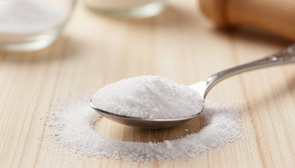 A close-up shot of a delicate, elegant teaspoon filled with fine powdered sugar, softly reflecting light. The spoon is made of polished stainless steel, showcasing intricate designs on its handle, against a softly lit wooden kitchen surface. In the background, a softly blurred scene of baking utensils and ingredients adds warmth and context to the composition. The lighting is bright yet gentle, creating a cozy and inviting atmosphere, perfect for a culinary theme. Focused on the teaspoon, the image captures the texture and subtle shimmers of the powdered sugar, emphasizing its light, airy quality. The overall mood is serene and homey, ideal for illustrating a section about measuring sugar in cooking. A close-up shot of a delicate, elegant teaspoon filled with fine powdered sugar, softly reflecting light. The spoon is made of polished stainless steel, showcasing intricate designs on its handle, against a softly lit wooden kitchen surface. In the background, a softly blurred scene of baking utensils and ingredients adds warmth and context to the composition. The lighting is bright yet gentle, creating a cozy and inviting atmosphere, perfect for a culinary theme. Focused on the teaspoon, the image captures the texture and subtle shimmers of the powdered sugar, emphasizing its light, airy quality. The overall mood is serene and homey, ideal for illustrating a section about measuring sugar in cooking.