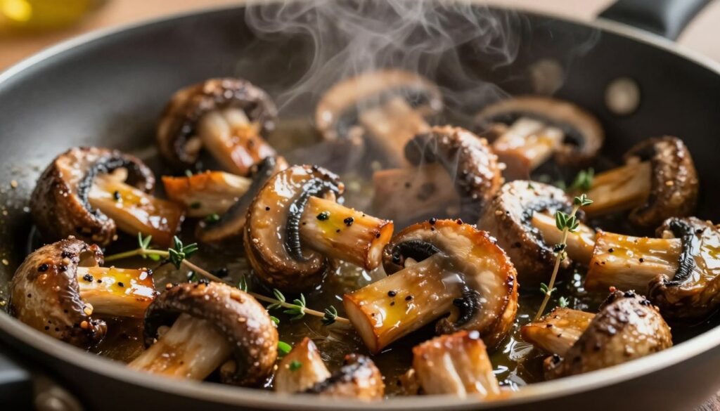 A close-up shot of sautéed mushrooms, showcasing the glistening, moisture-reduced appearance of the sautéed pieczarki. The foreground features rich, golden-brown mushrooms with a slightly crispy texture, glistening from a touch of olive oil. Surrounding the mushrooms, a few herbs like thyme and parsley hint at a flavor boost from spices. In the middle, a frying pan displays the vibrant colors of the mushrooms, with steam rising, indicating warmth. The background is softly blurred to suggest a rustic kitchen atmosphere, with warm, ambient lighting creating a cozy mood. Light reflects gently off the pan's surface, highlighting the culinary detail, while the overall composition conveys a sense of delicious preparation and enhances the anticipation of enhancing pizza flavors. A close-up shot of sautéed mushrooms, showcasing the glistening, moisture-reduced appearance of the sautéed pieczarki. The foreground features rich, golden-brown mushrooms with a slightly crispy texture, glistening from a touch of olive oil. Surrounding the mushrooms, a few herbs like thyme and parsley hint at a flavor boost from spices. In the middle, a frying pan displays the vibrant colors of the mushrooms, with steam rising, indicating warmth. The background is softly blurred to suggest a rustic kitchen atmosphere, with warm, ambient lighting creating a cozy mood. Light reflects gently off the pan's surface, highlighting the culinary detail, while the overall composition conveys a sense of delicious preparation and enhances the anticipation of enhancing pizza flavors.