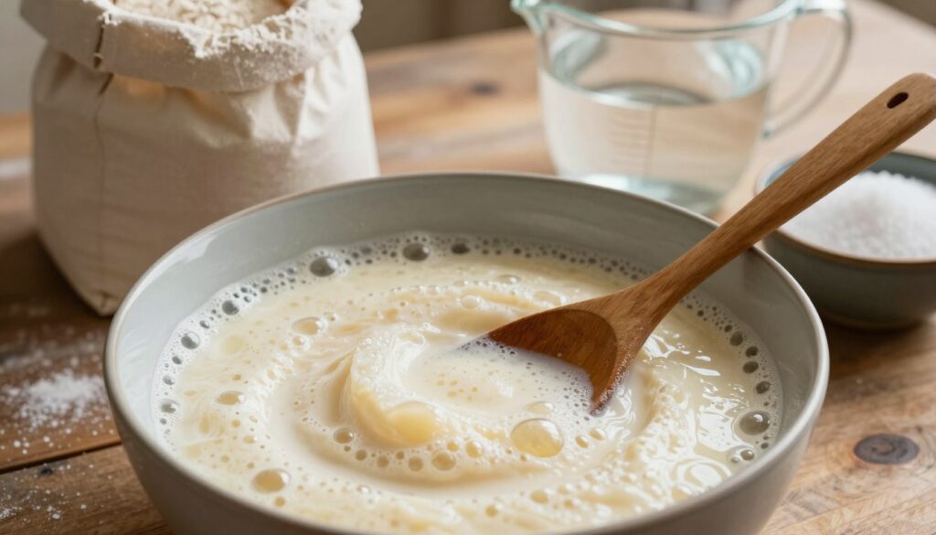 A close-up view of a bowl containing freshly prepared yeast starter (rozczyn drożdży), showcasing a creamy, bubbly texture with active yeast bubbles rising to the surface. The foreground features a wooden spoon gently stirring the mixture, creating swirls in the creamy yeast. In the middle background, a rustic wooden table displays a bag of flour, a measuring cup filled with warm water, and a small bowl of sugar. Soft, warm natural light filters from the left, illuminating the scene and casting gentle shadows that enhance the texture of the ingredients. The atmosphere is inviting and warm, capturing the essence of home baking. The composition should focus on the yeast mixture, with a slight depth of field to softly blur the background elements, emphasizing the act of preparing the yeast starter. A close-up view of a bowl containing freshly prepared yeast starter (rozczyn drożdży), showcasing a creamy, bubbly texture with active yeast bubbles rising to the surface. The foreground features a wooden spoon gently stirring the mixture, creating swirls in the creamy yeast. In the middle background, a rustic wooden table displays a bag of flour, a measuring cup filled with warm water, and a small bowl of sugar. Soft, warm natural light filters from the left, illuminating the scene and casting gentle shadows that enhance the texture of the ingredients. The atmosphere is inviting and warm, capturing the essence of home baking. The composition should focus on the yeast mixture, with a slight depth of field to softly blur the background elements, emphasizing the act of preparing the yeast starter.