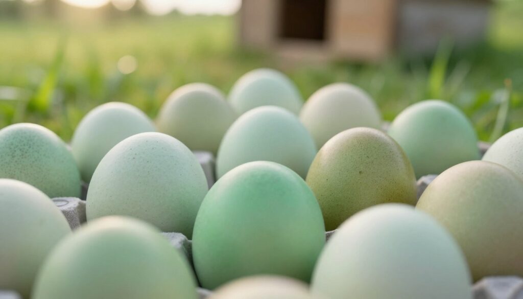 A close-up view of a collection of green eggs with varied textures and shades of green, showcasing the unique coloration of their shells. The foreground highlights different hues, from pale mint to deep olive, each egg slightly speckled or smooth, catching the soft, natural light. The background is a blurred out farm setting, with hints of lush green grass and a wooden coop, creating a tranquil atmosphere. A gentle, warm light filters through, evoking a feeling of freshness and nature. The mood is calm and serene, emphasizing the captivating beauty of the green eggs, while the composition invites viewers to focus on the intricate details of their shells.