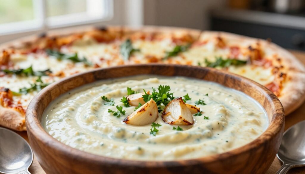 A close-up view of a creamy garlic sauce with a smooth, rich texture, elegantly presented in a rustic wooden bowl. The sauce is garnished with finely chopped parsley and roasted garlic cloves, showcasing its aromatic essence. In the foreground, a spoon rests beside the bowl, hinting at an inviting taste. The middle ground features a pizza with a perfectly baked crust, topped with melted cheese and fresh ingredients, emphasizing the sauce's purpose. In the background, soft natural lighting filters through a window, creating a warm and welcoming atmosphere, with blurred hints of a kitchen setting. The overall mood is cozy and appetizing, inviting viewers to explore the nuances of flavor and texture. A close-up view of a creamy garlic sauce with a smooth, rich texture, elegantly presented in a rustic wooden bowl. The sauce is garnished with finely chopped parsley and roasted garlic cloves, showcasing its aromatic essence. In the foreground, a spoon rests beside the bowl, hinting at an inviting taste. The middle ground features a pizza with a perfectly baked crust, topped with melted cheese and fresh ingredients, emphasizing the sauce's purpose. In the background, soft natural lighting filters through a window, creating a warm and welcoming atmosphere, with blurred hints of a kitchen setting. The overall mood is cozy and appetizing, inviting viewers to explore the nuances of flavor and texture.