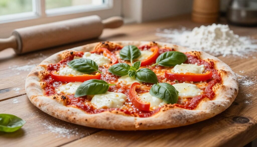 A close-up view of a delicious, homemade yeast-free pizza resting on a rustic wooden table. The pizza is topped with vibrant ingredients: rich red tomato sauce, melted mozzarella cheese, fresh basil leaves, and colorful bell peppers, highlighting the simplicity and flavor of the dish. In the background, soft natural light filters through a window, creating a warm and inviting atmosphere. The setting includes a rolling pin and flour scattered on the table, suggesting a kitchen environment. The image captures an inviting and cozy feel, perfect for showcasing the practicality of making yeast-free pizza. The composition is shot at a slight angle to emphasize the pizza's texture and toppings, ensuring a mouth-watering presentation. A close-up view of a delicious, homemade yeast-free pizza resting on a rustic wooden table. The pizza is topped with vibrant ingredients: rich red tomato sauce, melted mozzarella cheese, fresh basil leaves, and colorful bell peppers, highlighting the simplicity and flavor of the dish. In the background, soft natural light filters through a window, creating a warm and inviting atmosphere. The setting includes a rolling pin and flour scattered on the table, suggesting a kitchen environment. The image captures an inviting and cozy feel, perfect for showcasing the practicality of making yeast-free pizza. The composition is shot at a slight angle to emphasize the pizza's texture and toppings, ensuring a mouth-watering presentation.
