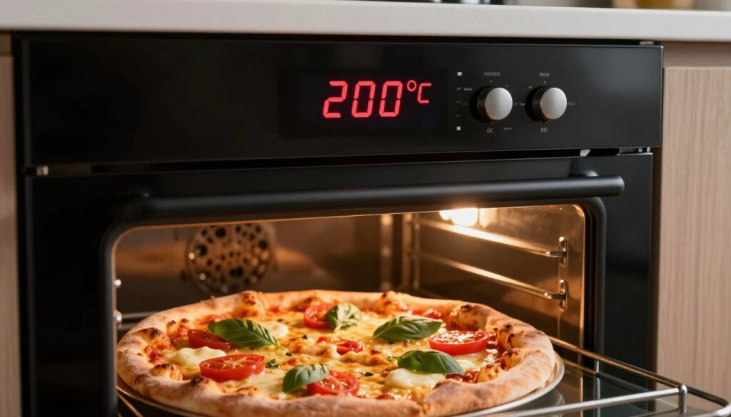 A close-up view of a digital oven display showing "200°C" highlighted prominently in bright red against a sleek, modern black background. In the foreground, the oven door is slightly ajar, revealing a perfectly baked pizza with golden-brown crust and bubbling cheese, giving off a deliciously appetizing look. The middle layer features soft, warm lighting that enhances the tantalizing colors of the toppings, such as vibrant tomatoes, green basil, and melted mozzarella. In the background, the kitchen setting is modern and tidy, with hints of wood cabinetry and stainless steel appliances, adding a homey yet upscale ambiance. The mood conveys anticipation and warmth, ideal for showcasing the art of pizza baking. A close-up view of a digital oven display showing "200°C" highlighted prominently in bright red against a sleek, modern black background. In the foreground, the oven door is slightly ajar, revealing a perfectly baked pizza with golden-brown crust and bubbling cheese, giving off a deliciously appetizing look. The middle layer features soft, warm lighting that enhances the tantalizing colors of the toppings, such as vibrant tomatoes, green basil, and melted mozzarella. In the background, the kitchen setting is modern and tidy, with hints of wood cabinetry and stainless steel appliances, adding a homey yet upscale ambiance. The mood conveys anticipation and warmth, ideal for showcasing the art of pizza baking.