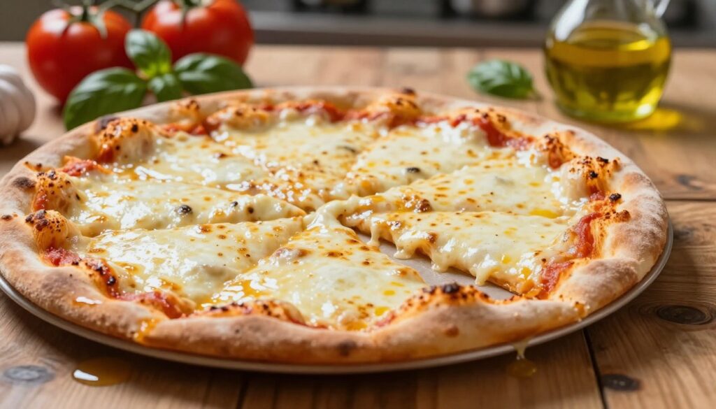A close-up view of a freshly baked pizza featuring abundant melted mozzarella cheese, with a glossy sheen reflecting moisture. The pizza is placed on a rustic wooden table, showcasing a slight droop as the cheese stretches, creating an illusion of excess moisture pooling around its base. In the background, a blurred kitchen scene reveals an array of ingredient preparations including ripe tomatoes, fragrant basil leaves, and glistening olive oil, enhancing the fresh, appetizing ambiance. Warm, soft lighting casts gentle shadows, emphasizing the textures of the cheese and the crust. The overall mood is inviting and delicious, perfect for showcasing the delicate balance of moisture that comes from both the cheese and other toppings. A close-up view of a freshly baked pizza featuring abundant melted mozzarella cheese, with a glossy sheen reflecting moisture. The pizza is placed on a rustic wooden table, showcasing a slight droop as the cheese stretches, creating an illusion of excess moisture pooling around its base. In the background, a blurred kitchen scene reveals an array of ingredient preparations including ripe tomatoes, fragrant basil leaves, and glistening olive oil, enhancing the fresh, appetizing ambiance. Warm, soft lighting casts gentle shadows, emphasizing the textures of the cheese and the crust. The overall mood is inviting and delicious, perfect for showcasing the delicate balance of moisture that comes from both the cheese and other toppings.