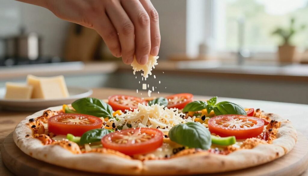 A close-up view of a hand sprinkling a blend of flavorful light cheeses over a fresh, light pizza base topped with vibrant, fresh vegetables. The foreground features the hand with a sprinkle of cheese, bringing a sense of action. In the middle, the pizza with colorful toppings, such as ripe tomatoes, bell peppers, and basil, showcases a healthier alternative to traditional heavy ingredients. The background is softly blurred, emphasizing a cozy kitchen setting with warm, natural light filtering through a window, creating a welcoming atmosphere. The image should evoke a sense of culinary creativity and healthfulness, focusing on the transformation of ingredients from heavy to light without sacrificing taste. A close-up view of a hand sprinkling a blend of flavorful light cheeses over a fresh, light pizza base topped with vibrant, fresh vegetables. The foreground features the hand with a sprinkle of cheese, bringing a sense of action. In the middle, the pizza with colorful toppings, such as ripe tomatoes, bell peppers, and basil, showcases a healthier alternative to traditional heavy ingredients. The background is softly blurred, emphasizing a cozy kitchen setting with warm, natural light filtering through a window, creating a welcoming atmosphere. The image should evoke a sense of culinary creativity and healthfulness, focusing on the transformation of ingredients from heavy to light without sacrificing taste.