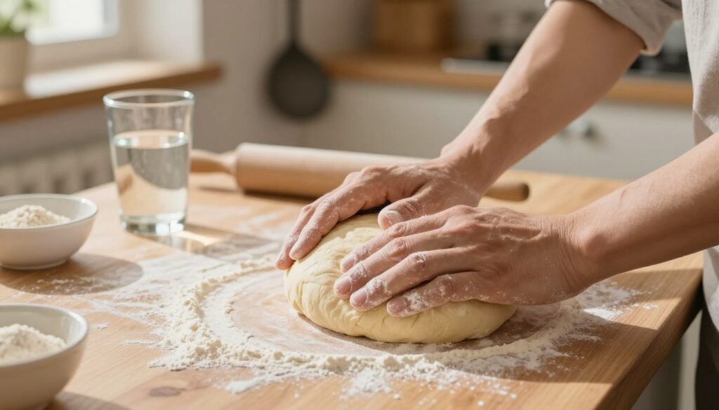 A close-up view of a hands-on pizza dough preparation process, featuring a smooth, elastic ball of dough placed in the center of a wooden countertop. In the foreground, a pair of clean hands dusted with flour gently knead the dough, showcasing its soft texture. The middle ground includes scattered flour, a glass of water, and a small bowl of yeast, hinting at the ingredients involved. The background reveals a softly lit kitchen with warm tones, highlighting a rustic atmosphere, with cooking utensils hanging and a rolling pin nearby. The image captures the essence of home baking, evoking a cozy, inviting mood in a well-organized space. The lighting is warm and natural, simulating a late afternoon sun. A close-up view of a hands-on pizza dough preparation process, featuring a smooth, elastic ball of dough placed in the center of a wooden countertop. In the foreground, a pair of clean hands dusted with flour gently knead the dough, showcasing its soft texture. The middle ground includes scattered flour, a glass of water, and a small bowl of yeast, hinting at the ingredients involved. The background reveals a softly lit kitchen with warm tones, highlighting a rustic atmosphere, with cooking utensils hanging and a rolling pin nearby. The image captures the essence of home baking, evoking a cozy, inviting mood in a well-organized space. The lighting is warm and natural, simulating a late afternoon sun.