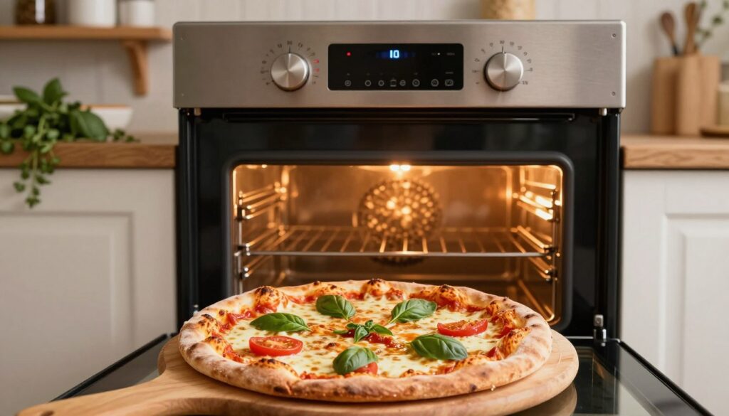 A close-up view of a modern home oven with various temperature settings clearly visible on the control panel, showcasing the ideal temperature for baking pizza. In the foreground, a delicious, freshly baked pizza with a crispy golden crust, bubbling mozzarella cheese, and vibrant toppings like tomatoes and basil is placed on a wooden pizza peel. The middle ground features the oven door slightly open, revealing a glowing interior with a bright, warm light, hinting at the high baking temperature. In the background, a rustic kitchen setting with subtle wooden textures, herbs hanging from the shelves, and a warm ambient glow to create a cozy and inviting atmosphere. The image should evoke the anticipation and satisfaction of baking the perfect pizza, emphasizing the importance of the right oven temperature for achieving that ideal crust and cheese melt. A close-up view of a modern home oven with various temperature settings clearly visible on the control panel, showcasing the ideal temperature for baking pizza. In the foreground, a delicious, freshly baked pizza with a crispy golden crust, bubbling mozzarella cheese, and vibrant toppings like tomatoes and basil is placed on a wooden pizza peel. The middle ground features the oven door slightly open, revealing a glowing interior with a bright, warm light, hinting at the high baking temperature. In the background, a rustic kitchen setting with subtle wooden textures, herbs hanging from the shelves, and a warm ambient glow to create a cozy and inviting atmosphere. The image should evoke the anticipation and satisfaction of baking the perfect pizza, emphasizing the importance of the right oven temperature for achieving that ideal crust and cheese melt.