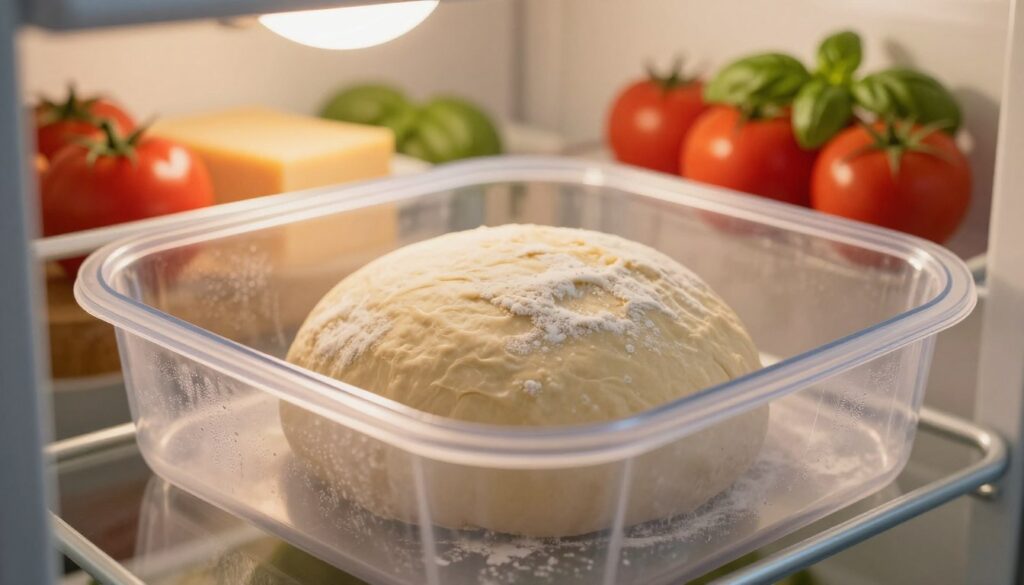 A close-up view of a pizza dough ball resting in a clear, airtight container inside a refrigerator, showcasing its smooth, slightly flour-dusted surface. The focus is on the dough, highlighting its texture and elasticity, with condensation forming on the container's surface to indicate the cool environment. In the background, shelves filled with various ingredients like tomatoes, cheese, and fresh basil are softly blurred out, creating a kitchen atmosphere. Warm, soft lighting emanates from above, creating a cozy and inviting ambiance. The angle is slightly overhead, emphasizing the idea of time preservation and freshness, conveying a sense of care and attention to detail in pizza-making.